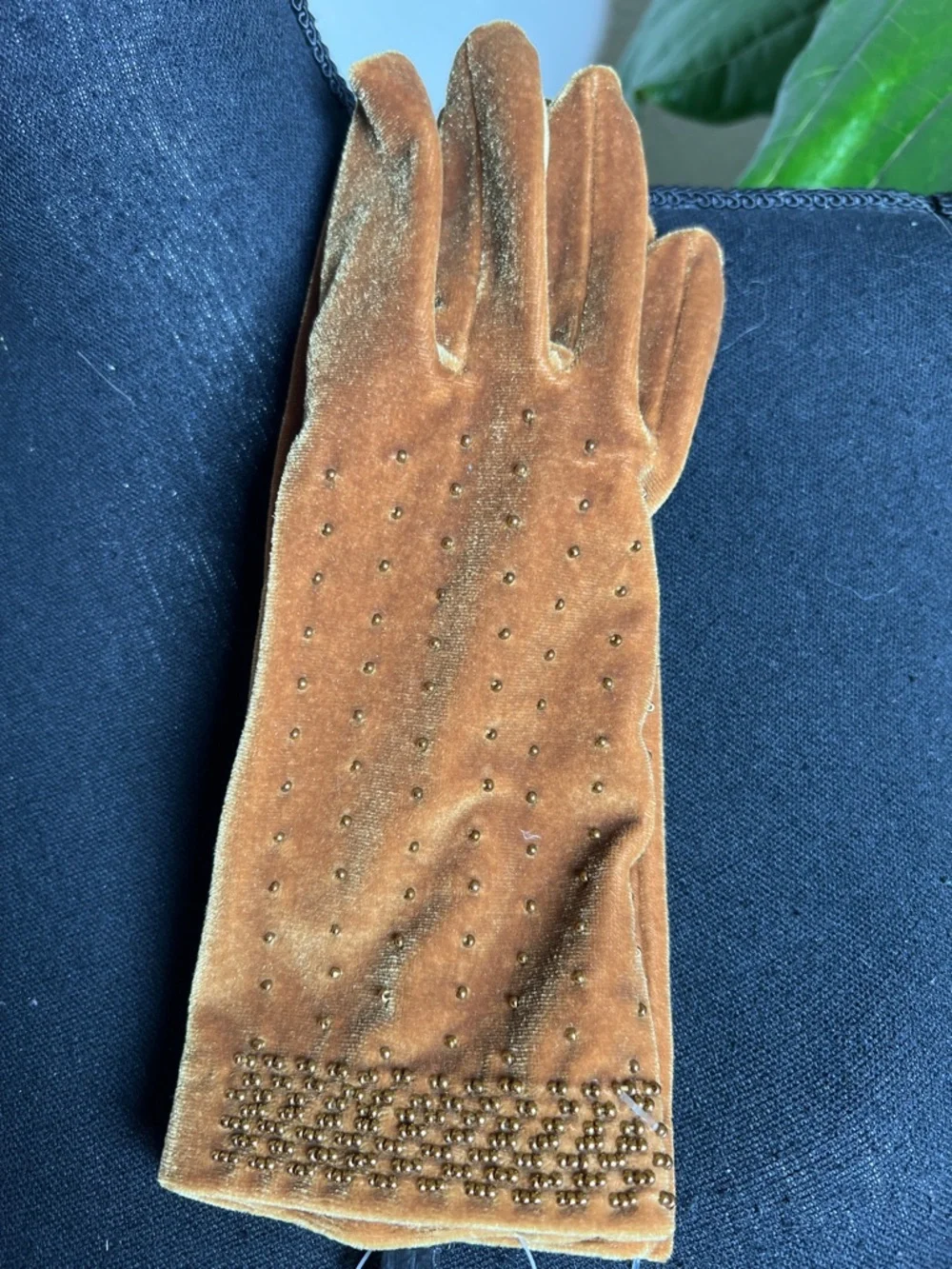 Women’s Cognac Velvet Embellished Hand Beaded Gloves NEW One Size Elegant